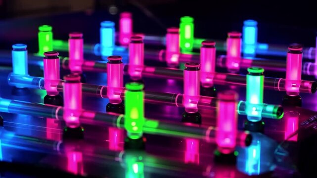 Foosball neon glowing colorful game table sport with vibrant blue pink green lights showcasing modern illuminated foosball table entertainment competition indoor fun recreational equipment