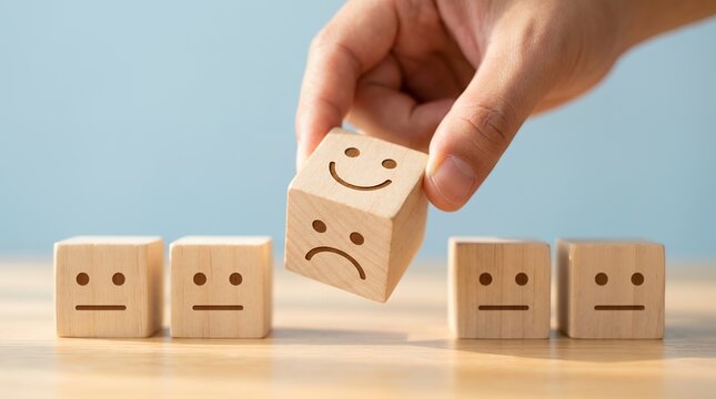 Customer feedback wooden blocks with emoji faces, hand picking happy smile icon for satisfaction rating, service quality evaluation concept