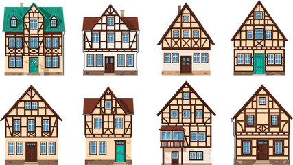 Fototapeta premium Traditional European Half Timbered Houses Collection with Vintage Architecture Facades and Historic Residential Buildings for Travel Heritage and Urban Design Illustration