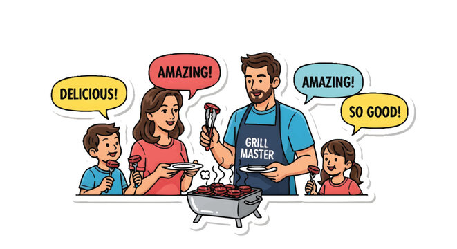 Family enjoying barbecue with grill master father