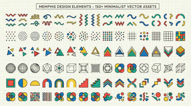 Vibrant collection of abstract geometric vector design elements, showcasing a playful retro 80s aesthetic with diverse shapes and patterns for modern graphic projects