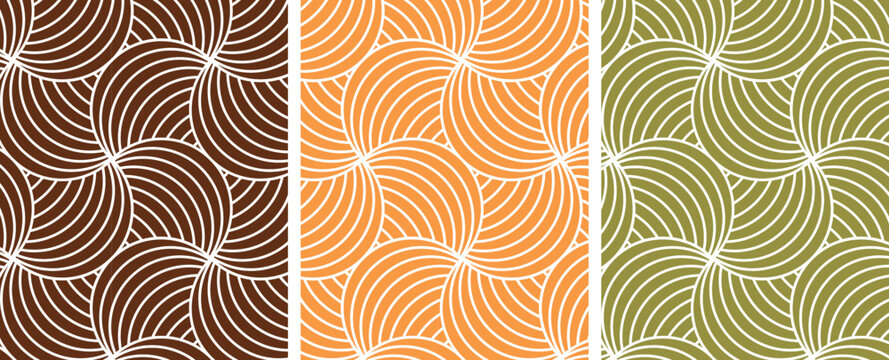 Set of seamless geometric circle patterns with curved lines in retro brown, orange and green tones