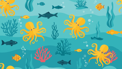 Obraz premium Vibrant underwater illustration featuring friendly yellow octopuses, colorful fish, and diverse coral reefs in a blue ocean environment.