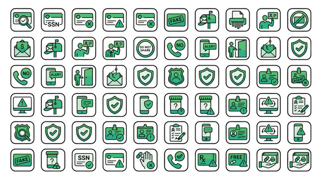 Fraud Prevention Icon Set in Linear Style. A collection of linear icons including phishing, Medicare fraud, social security scams, and retirees. Editable Stroke, fraud, risk, safety.