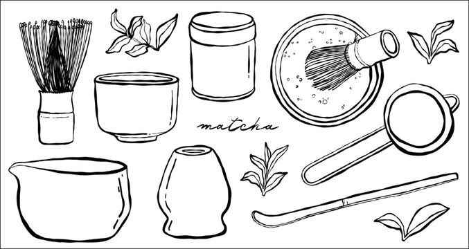 matcha tools vector set - one line drawing style. Hand drawn minimal chasen whisk, chawan bowl, chashaku scoop, powder sifter and fresh matcha leaves. Simple outline, isolated, transparent background 