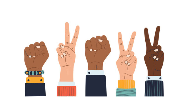 Diverse group of hands with different skin colors raised in peace and power gestures for equality and harmony concepts.