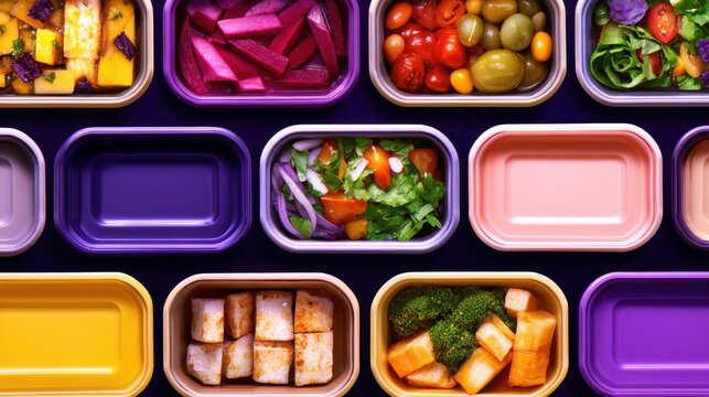 A vibrant arrangement of colorful food items displayed in various containers on a dark backdrop