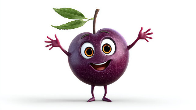 Plum with a cheerful face 3d character, transparent backgroun