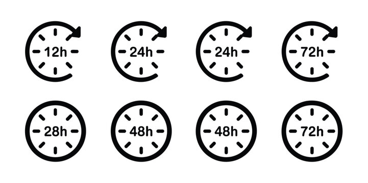 12, 24, 48, and 72 hours clock arrow vector icon set vector illustration, representing delivery and service time, fast shipping, and time management