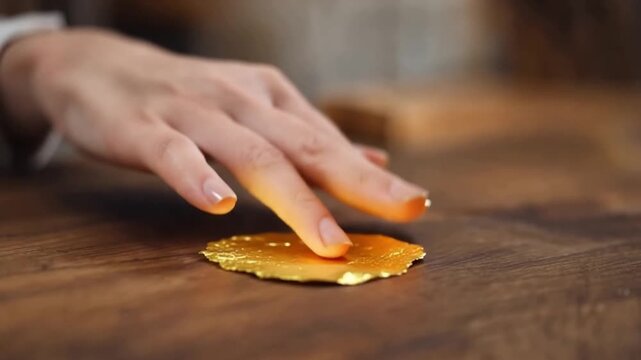 Golden foil sheet and gold leaf held by hand on wooden table showcasing delicate texture, artistic craftsmanship with warm lighting enhancing natural smooth metallic elegance and fragile beauty detail