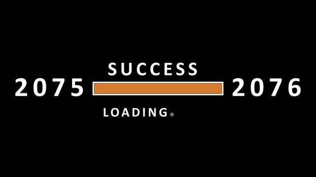 Visual representation of success loading for the year 2076, with a progress bar situated between the years 2075 and 2076 against a black backdrop
