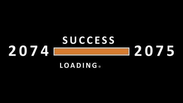 Anticipating the arrival of the year 2075 with a progress bar indicating success loading between the years 2074 and 2075 on a black background