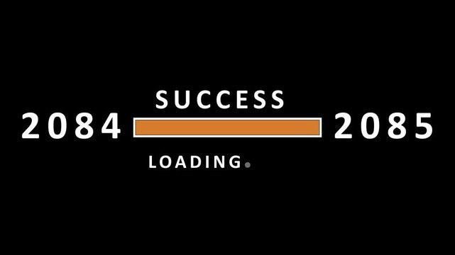 Futuristic progress bar indicating success loading from year 2084 to 2085 with white text on black background