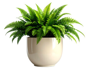 Obraz premium Lush green fern unfurls from a smooth, rounded cream pot