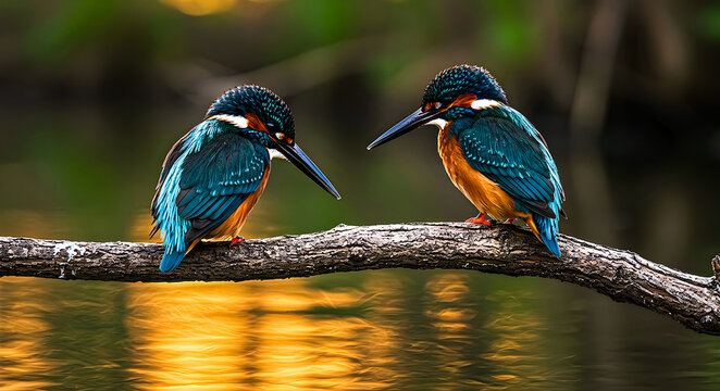 Two Kingfisher Birds on a Branch Over Water