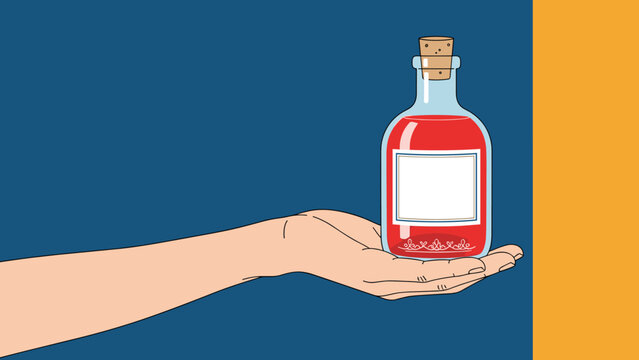 Person holding a glass bottle filled with magical red liquid potion or elixir against a two-tone blue and yellow background.