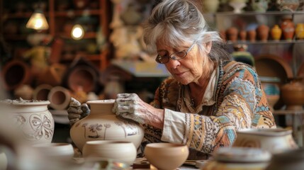Senior woman pottery craftsmanship