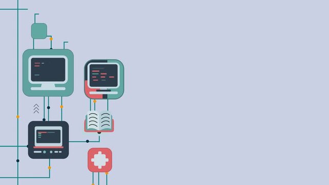 Modern flat animation showing interconnected computers, coding interfaces, and digital workflow. Perfect for technology, programming, data networks, software development, and innovation concepts.