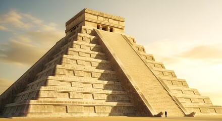 Fototapeta premium The iconic Maya Kukulcan pyramid stands grandly against a golden sunset sky.