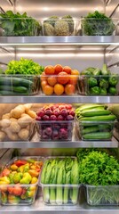 Obraz premium A well-organized refrigerator filled with vibrant fruits and vegetables in clear containers