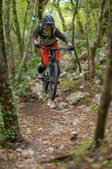Naklejka premium Mountain biker rides a rocky forest trail wearing helmet and hydration pack