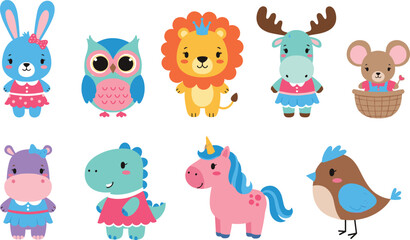 Obraz premium Cute cartoon animals vector set featuring bunny, owl, lion, moose, mouse, hippo, dinosaur, unicorn and bird characters for kids illustration