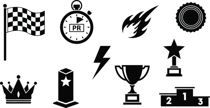 Collection of black and white icons for achievement and success including flags stopwatches flames and trophies on white background