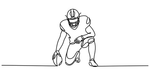 A continuous line drawing of an american football player kneeling on the field with a football. © Sojib