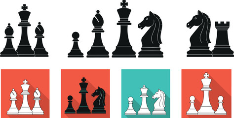 Chess pieces icons set, black silhouette king queen rook bishop knight pawn, strategy board game symbols, flat design vector illustration © MDRAKIB