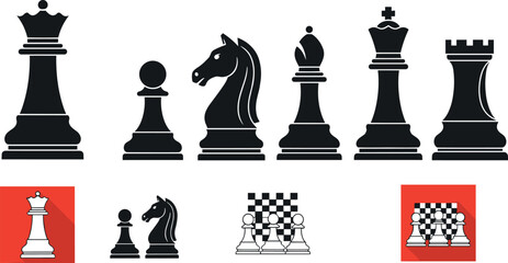 Chess icons collection silhouette, king queen rook bishop knight pawn symbols, strategy board game elements, flat design vector illustration © MDRAKIB