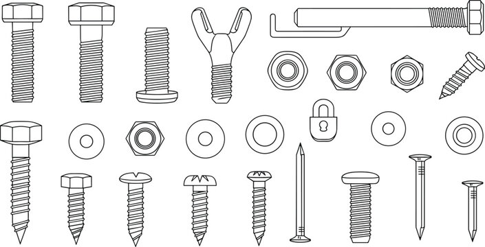 Hardware fasteners collection outline, bolts nuts screws washers nails set, industrial tools line art, engineering construction equipment vector illustration