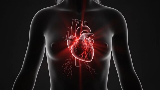 Human Heart Anatomy with Red Glow and Circulatory System.
