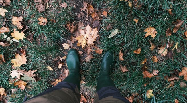 Gummistiefel auf nassem Gras und Herbstlaub aus der Ich Perspektive