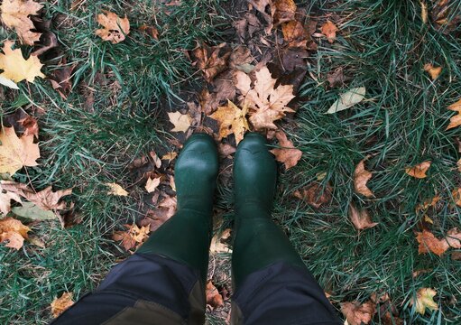 Gr&uuml;ne Gummistiefel auf Herbstlaub und Gras aus der Vogelperspektive