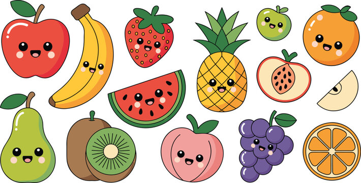 Large collection of cute kawaii fruit characters featuring smiling apple banana strawberry pineapple orange grapes pear watermelon and kiwi vectors.
