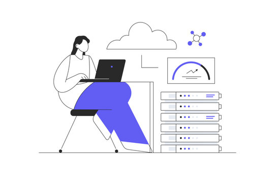 Cloud computing, online database, web hosting, web data center. Woman storing data on cloud server.  Flat Cartoon Vector Illustration, icon Stylish abstract design landing page web