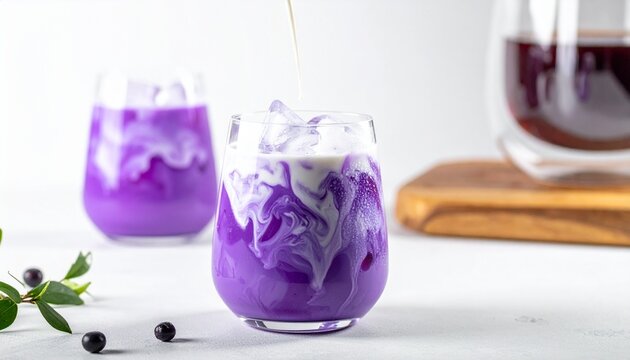 macro side view of a trendy iced ube latte served in a clear glass, showcasing smooth, creamy purple swirls blending seamlessly with milk around crystal-clear ice cubes.