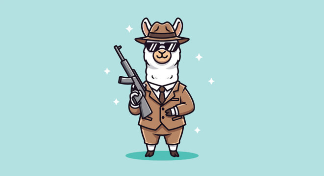 Cute Cartoon Llama Gangster with Machine Gun.