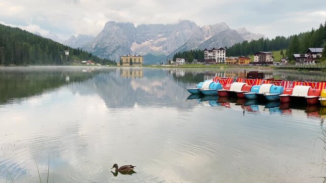 Colorful paddle boats moored at Lago di Misurina with a duck swimming in the foreground. Scenic summer vacation at a mountain lake in the Italian Dolomites, South Tyrol, Italy.