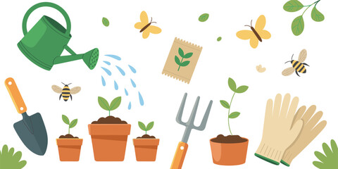 Gardening icons collection, flowerpots with plants, watering can, shovel, fork, gloves, seed packet, bees, butterflies, sprouts, nature illustration, vector design © KailashChandra