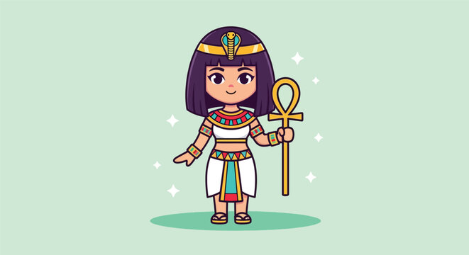 Cute Egyptian Queen Cleopatra Holding Ankh Symbol Cartoon.