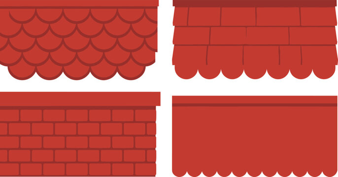 Red roof tile patterns, decorative awning designs, architectural shingles, scalloped edges, brick texture roofing, solid red canopy, construction elements, vector illustration