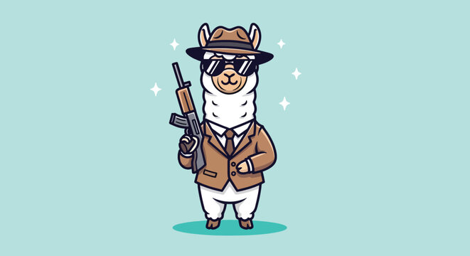Gangster Llama Wearing Sunglasses and Holding a Rifle.