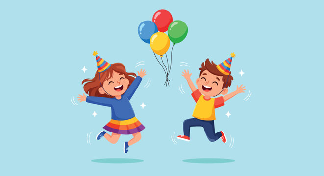 Happy Children Celebrating Birthday Party with Balloons and Confetti.