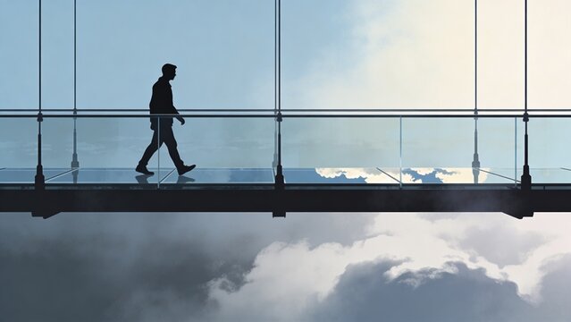Business person walking on glass bridge silhouette leadership concept