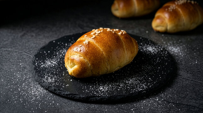Freshly baked Japanese salt bread or Shio Pan on a black slate board with scattered sea salt, moody food photography