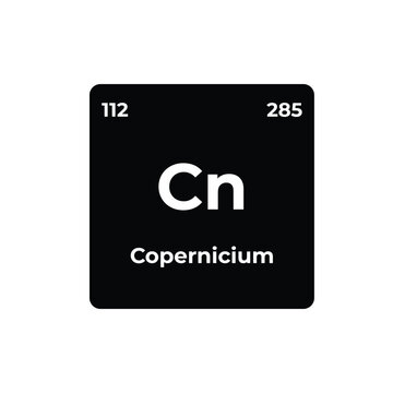 Periodic table element tile for Copernicium. Includes symbol Cn, atomic number 112, and mass 285 on a black tile with rounded corners. High-quality vector illustration.