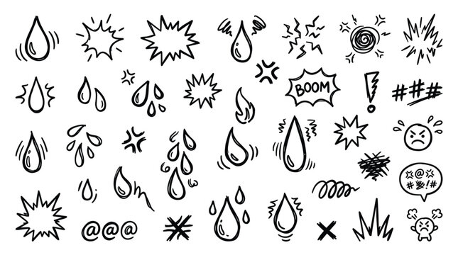 Hand drawn doodle icons representing emotions like anger frustration and sadness with rain drops and explosion symbols on white background