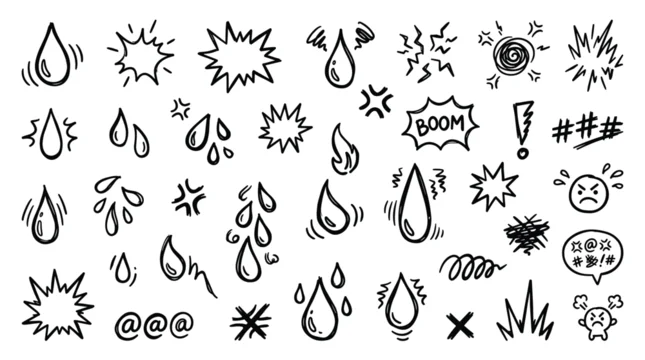 Hand drawn doodle icons representing emotions like anger frustration and sadness with rain drops and explosion symbols on white background