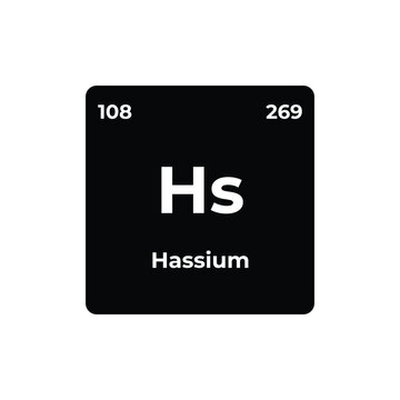 Hassium Periodic Element. Thumbnail for chemistry, education, science. Elements icon of Hs Hassium atomic number 108 mass number 269. Isolated periodic table element sign, white text on black.